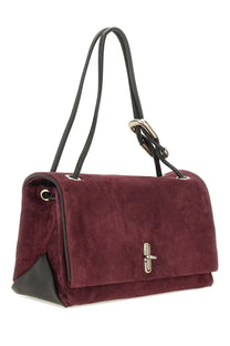 Marc Jacobs women’s the dual large bag brown burgundy suede handbag with black leather accents and silver buckle closure