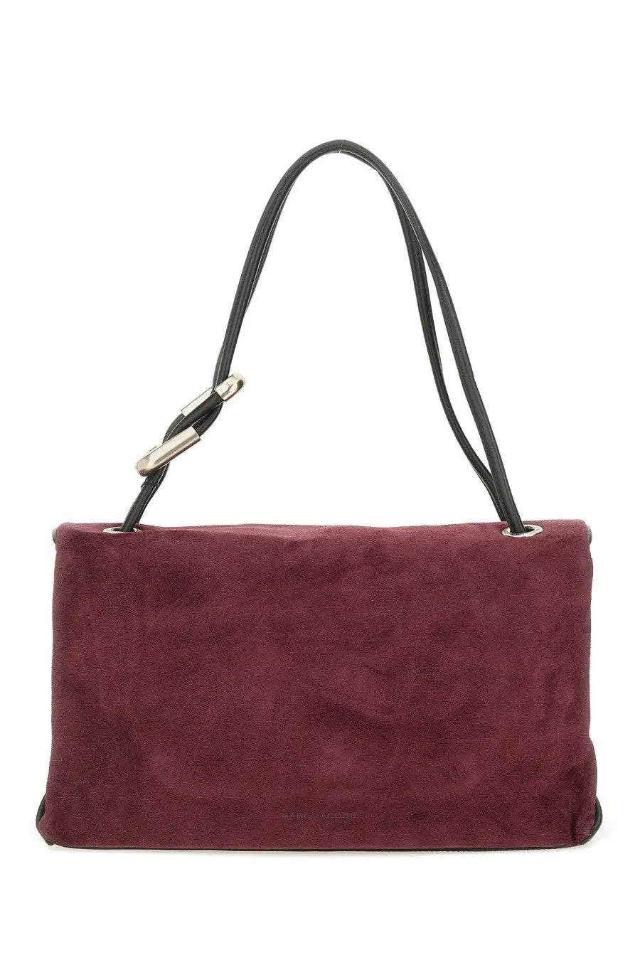 Marc Jacobs women’s the dual large bag brown is a burgundy suede handbag with black leather straps and silver metal clasp
