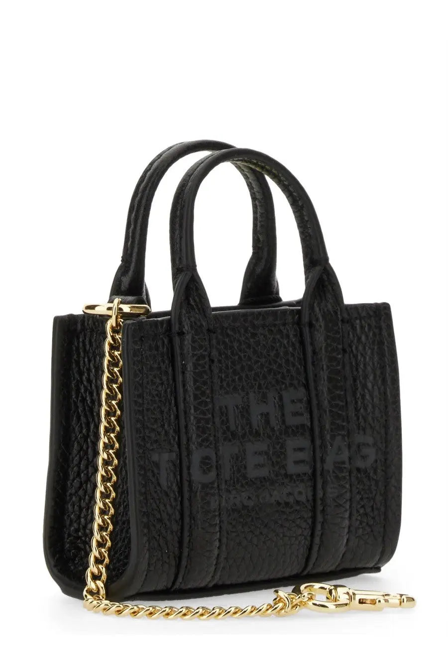 Marc Jacobs women’s keychain the tote dwarf black mini tote bag in black textured leather with gold-tone chain strap and handles