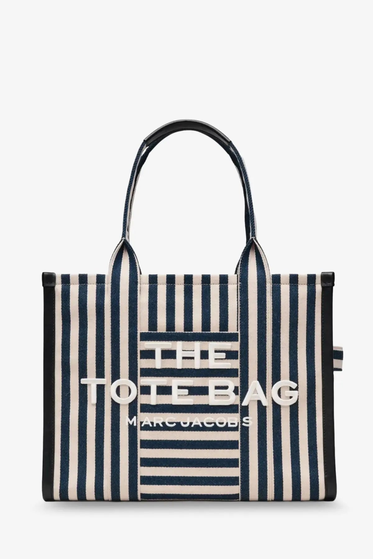 Marc Jacobs women’s large tote canvas handbag in navy and cream stripes with black leather handles and white embroidery