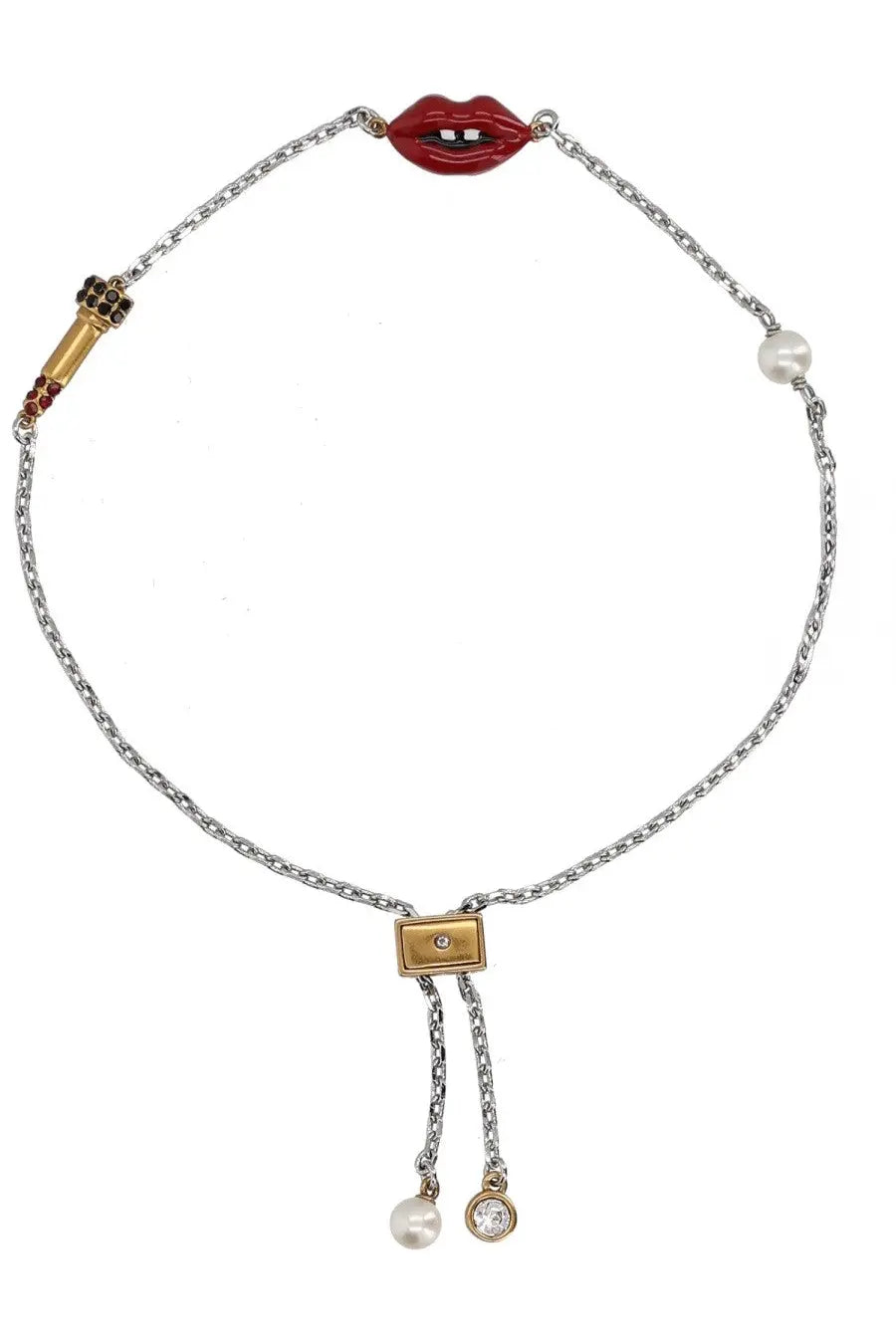 Marc Jacobs womens lips slider bracelet silver with red enamel lip charm gold gemstone microphone pendant pearls diamonds