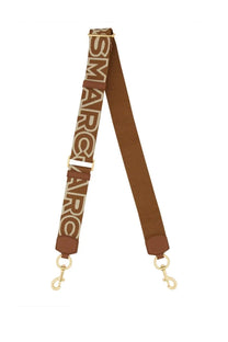 Brown canvas shoulder strap with beige smarc lettering and gold-tone hardware for marc jacobs the outline bag