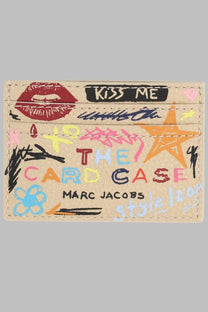 Marc Jacobs women’s beige leather card case with colorful graffiti artwork and kiss me text in punk scribble style