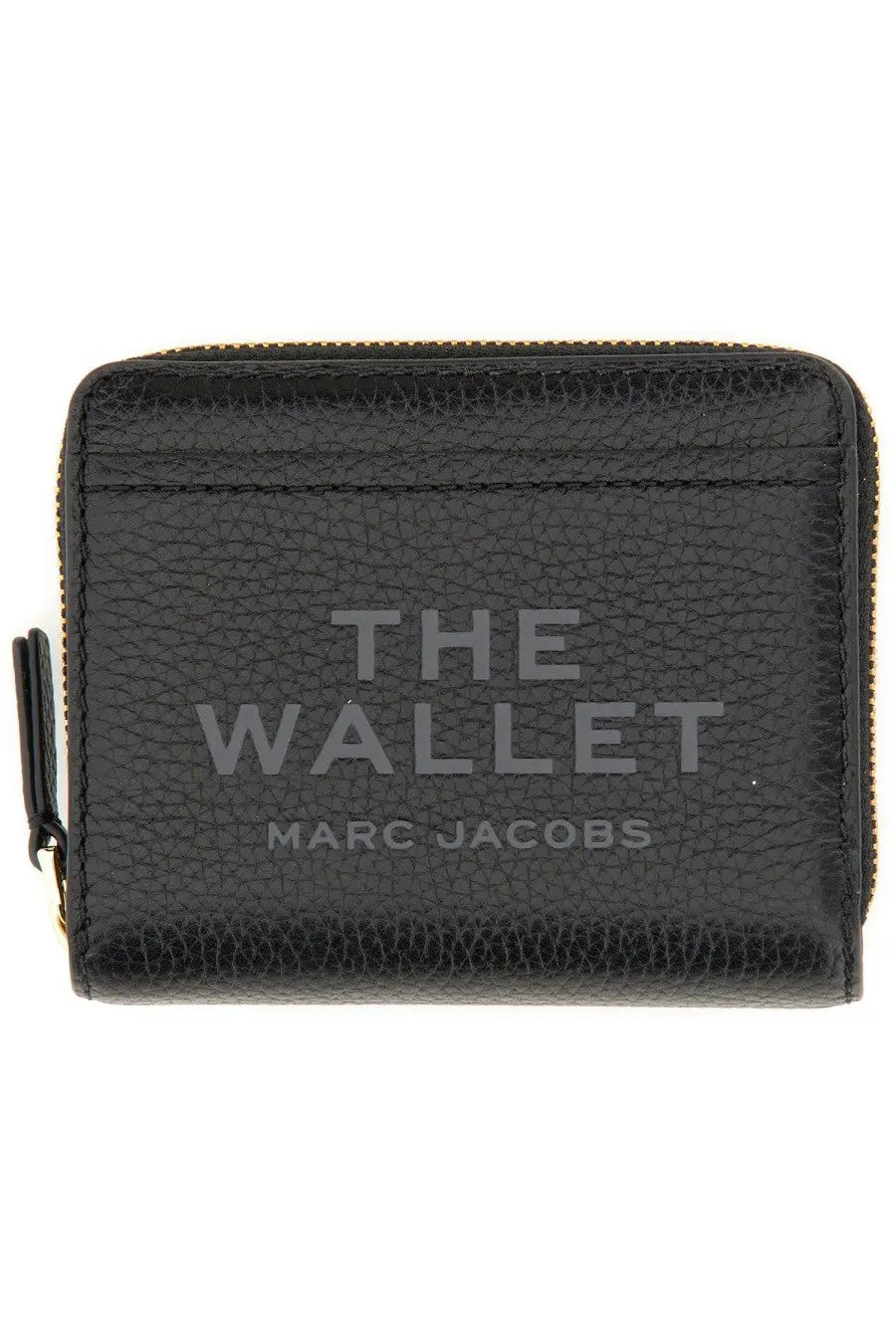 Black textured leather compact mini wallet for women by Marc Jacobs with embossed branding and gold-tone zipper