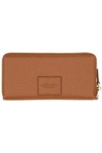 Marc Jacobs women’s portafoglio continental beige brown leather wallet with gold-tone zipper and embossed brand patch