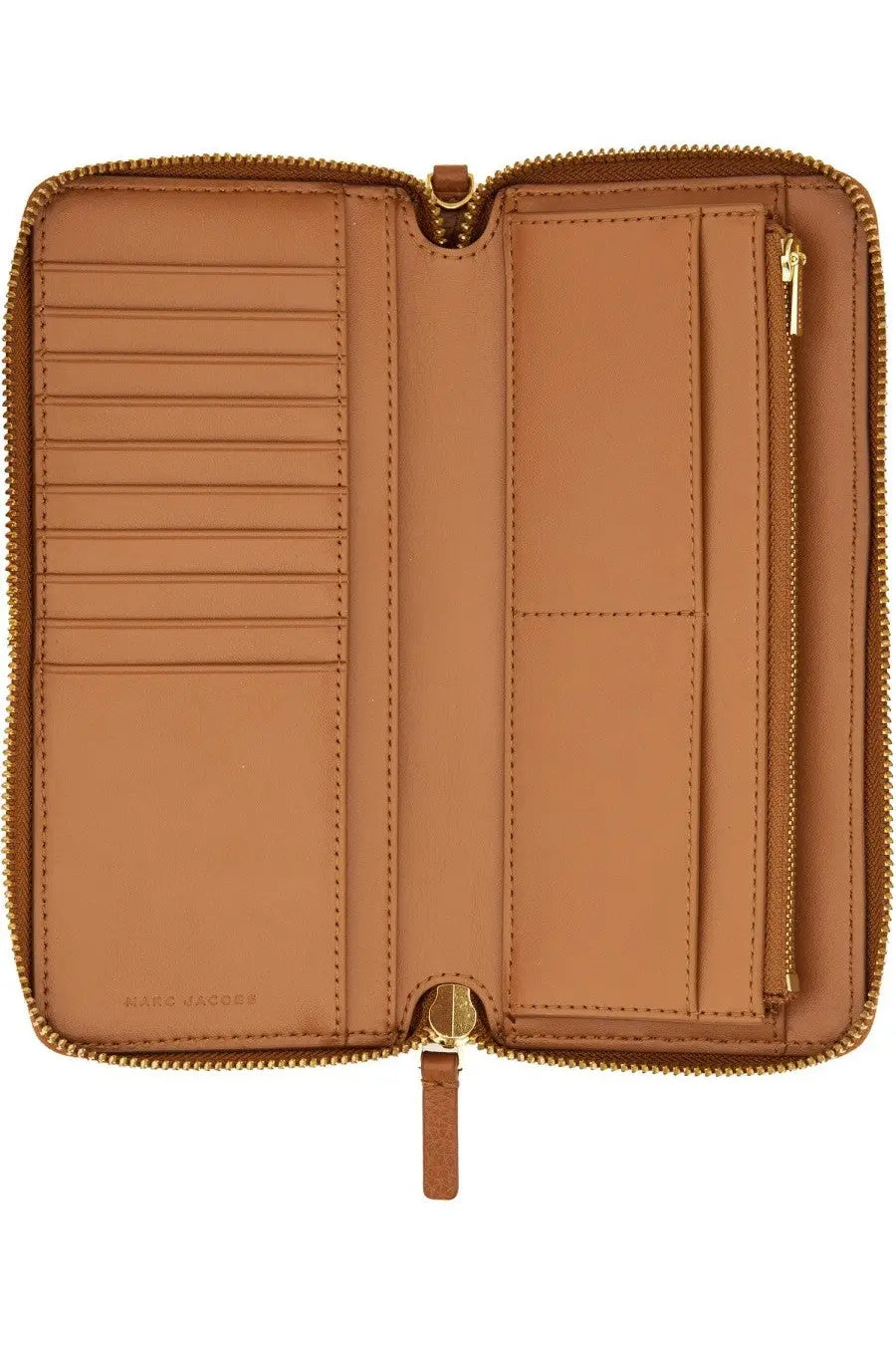 Tan leather marc jacobs zip-around wallet with gold-tone hardware and multiple card slots in beige