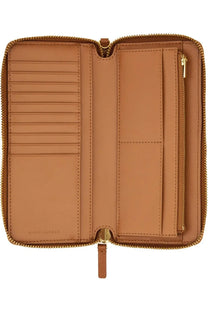 Tan leather marc jacobs zip-around wallet with gold-tone hardware and multiple card slots in beige