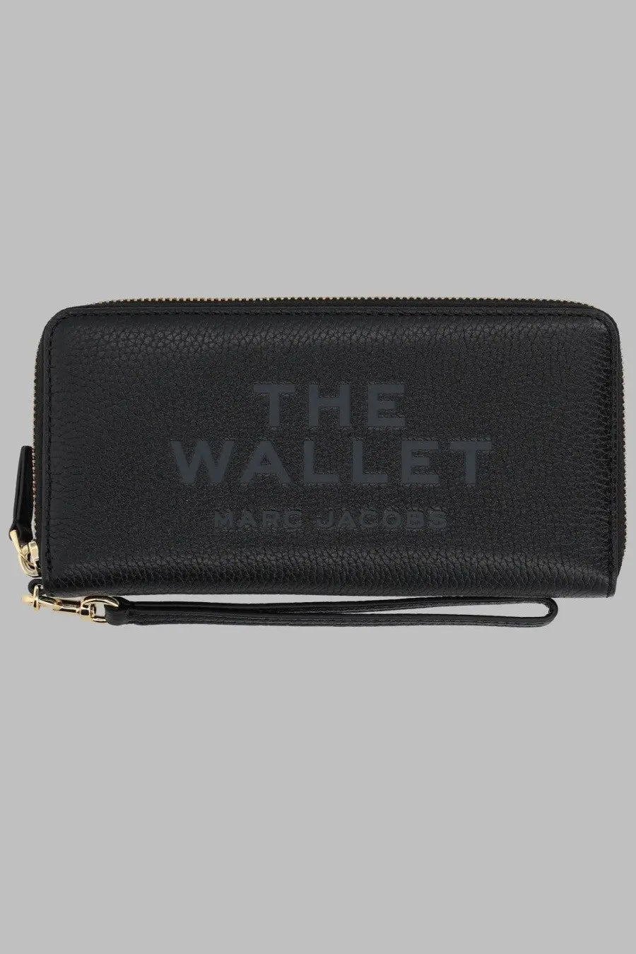 Black textured leather Marc Jacobs women’s portafoglio continental wallet with gold-tone zipper and embossed branding