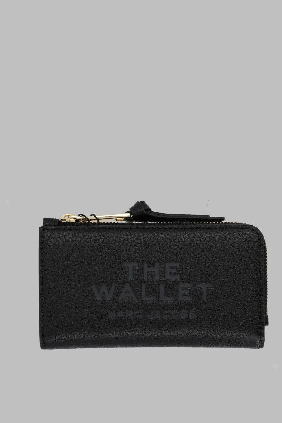 Marc Jacobs women’s black leather slim wallet with embossed the wallet logo and gold-tone zipper pull