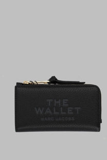 Marc Jacobs women’s black leather slim wallet with embossed the wallet logo and gold-tone zipper pull