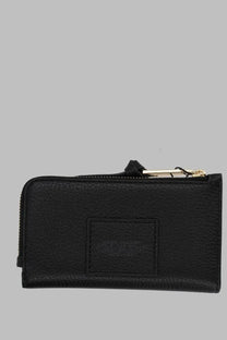 Marc Jacobs women’s portafoglio leather slim wallet black with textured leather gold-tone zipper and rectangular stitched patch