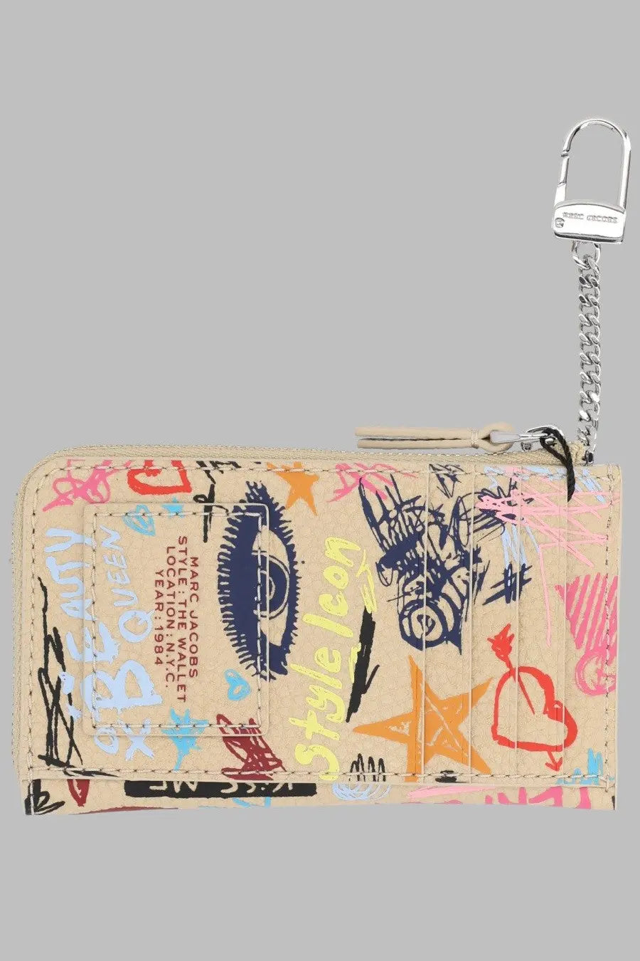 Marc Jacobs women’s portafoglio the punk scribble beige cardholder with vibrant graffiti-style artwork on textured surface