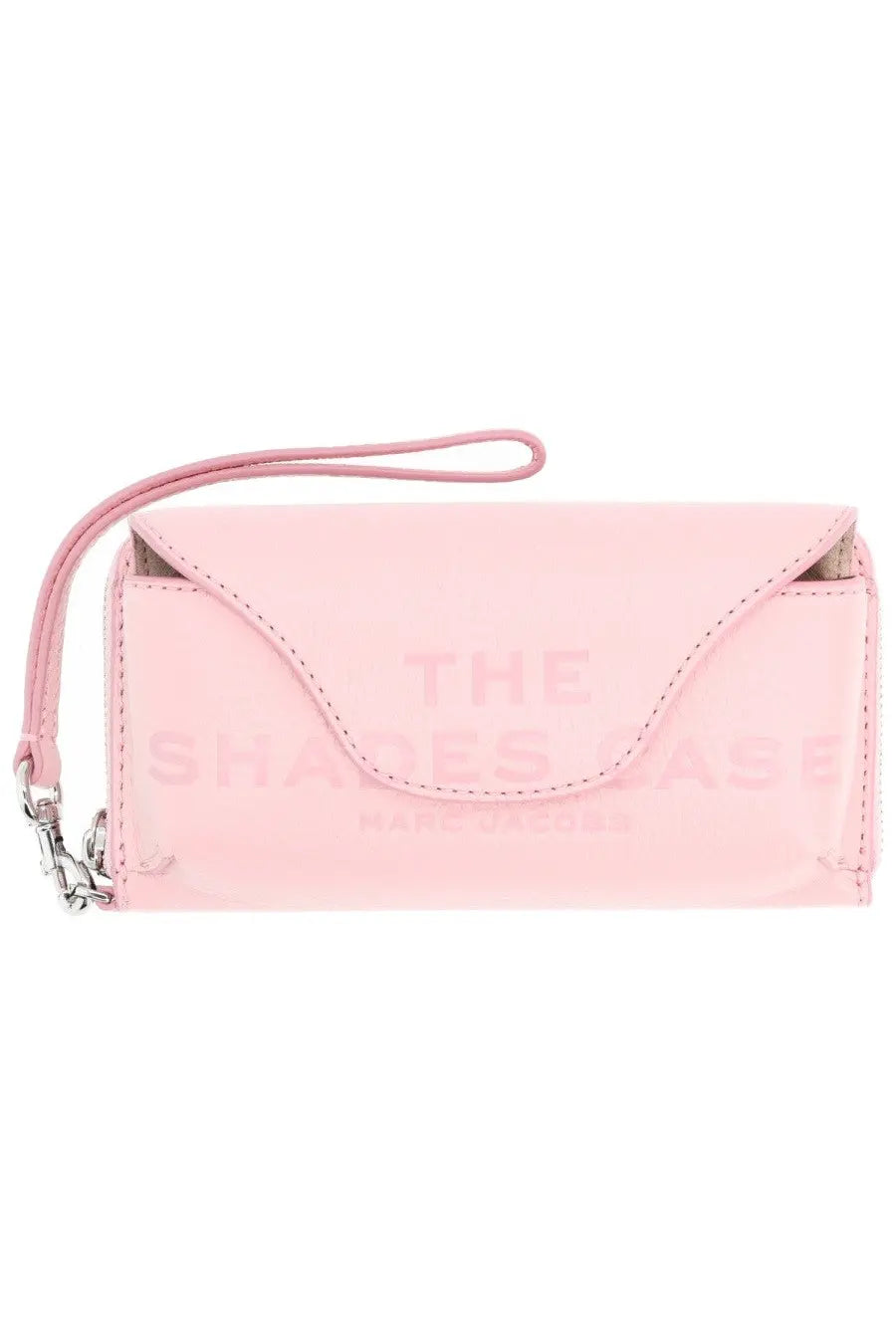 Marc Jacobs women’s shades case in pink patent leather with matching wrist strap and silver-tone hardware