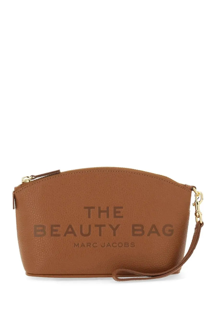 Tan leather marc jacobs the beauty bag pouch with gold-tone hardware and embossed branding in beige