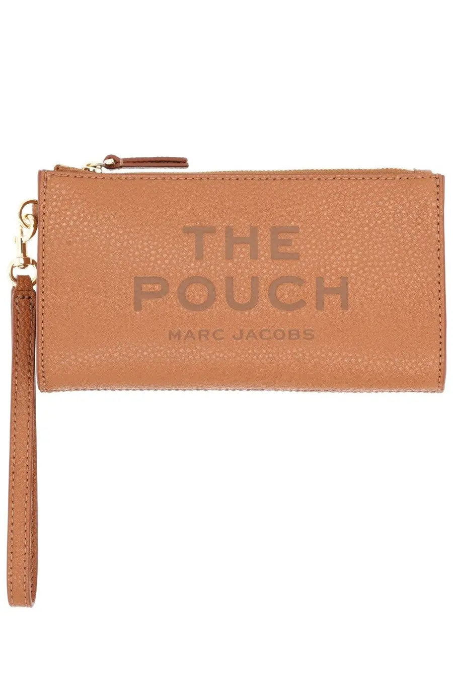Marc Jacobs women’s pouch wristlet in tan leather with embossed branding and gold-tone zipper in pelle beige
