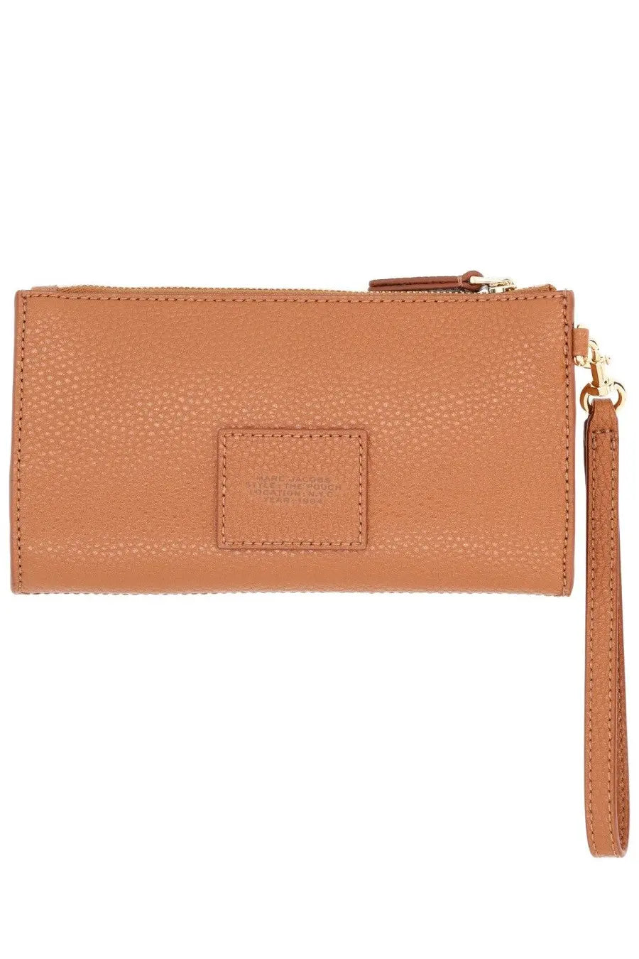 Marc Jacobs women’s pouch in pelle beige tan leather wristlet with textured surface and gold tone zipper and hardware