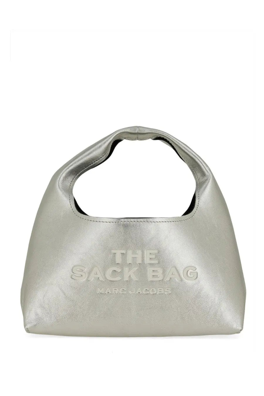 Silver metallic leather marc jacobs women’s the sack mini bag with embossed branding front view