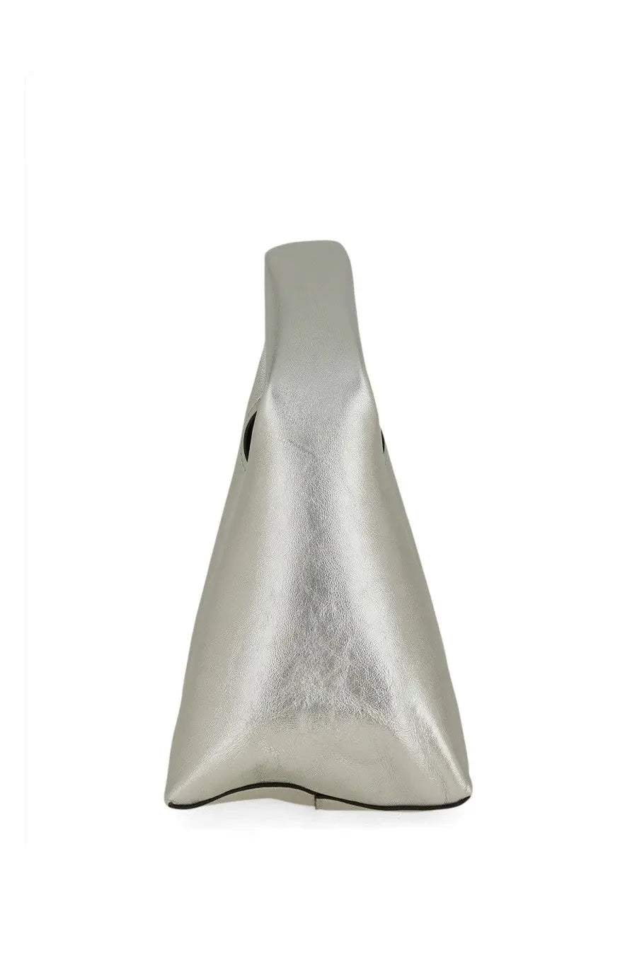 Marc Jacobs women’s the sack mini bag silver metallic leather tote with sleek minimalist design and black trim edges