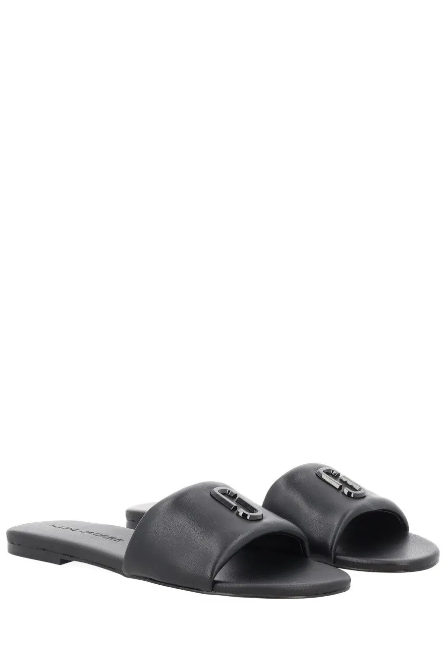 Marc Jacobs women’s black leather slide sandals with a minimalist design and metallic logo accent on the strap