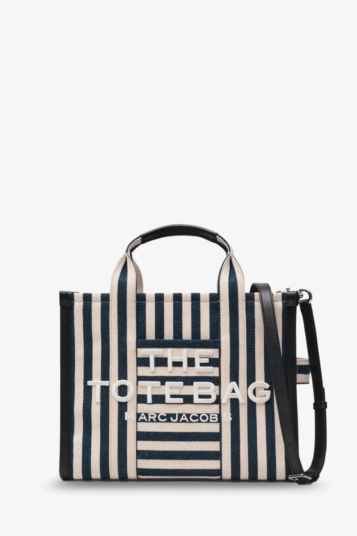 Marc Jacobs women’s the tote bag canvas handbag in navy and cream stripes with black leather handles and shoulder strap