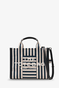 Marc Jacobs women’s the tote bag canvas handbag in navy and cream stripes with black leather handles and shoulder strap