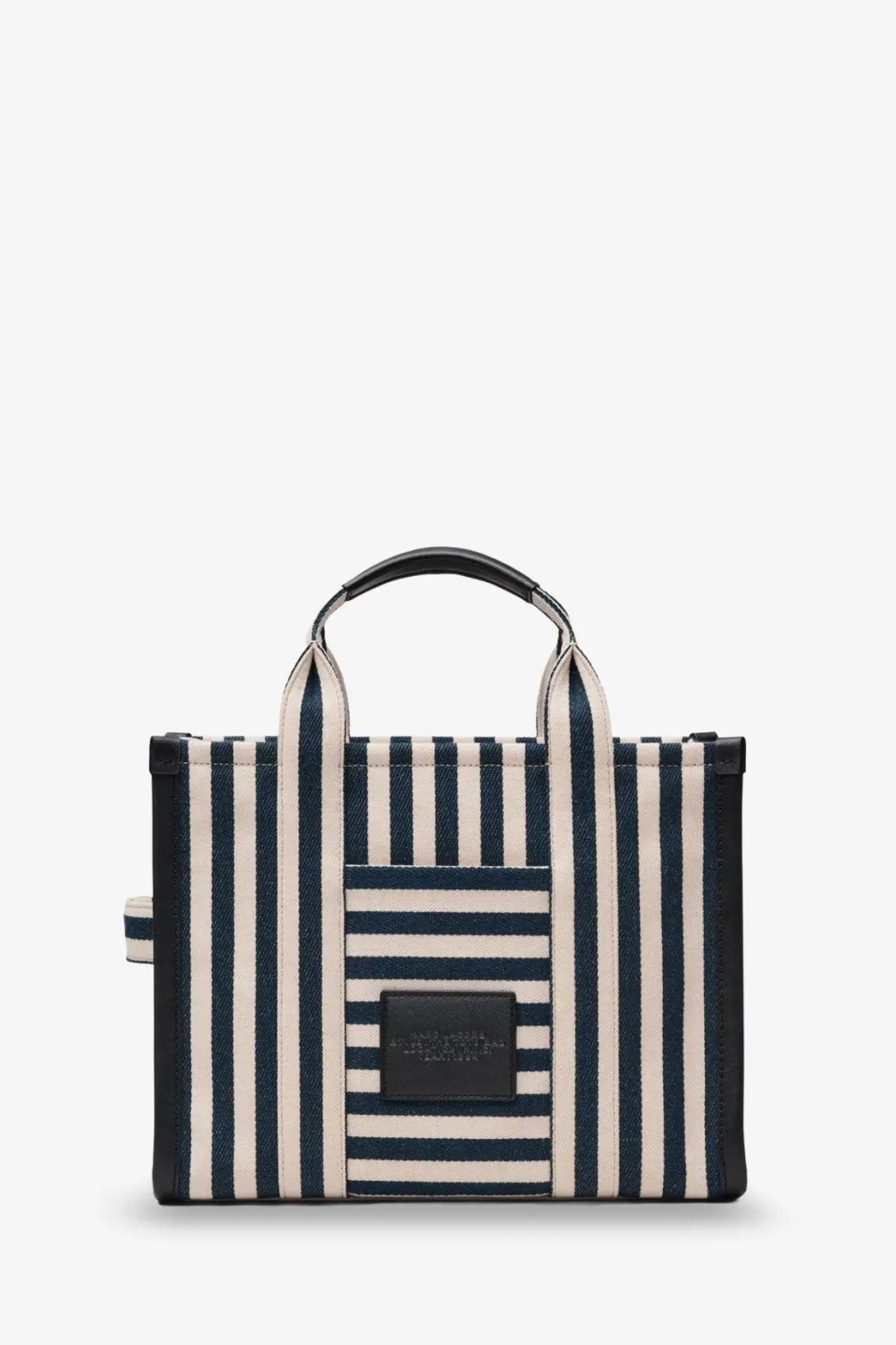 Marc Jacobs women’s the tote bag canvas handbag in navy and white stripes with black leather trim and handles