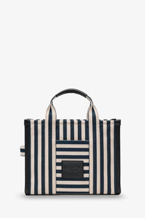 Marc Jacobs women’s the tote bag canvas handbag in navy and white stripes with black leather trim and handles
