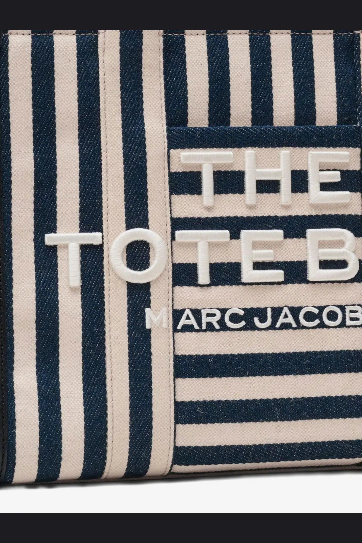 Marc Jacobs womens canvas tote bag in navy and off-white stripes with bold white 3d lettering the tote b