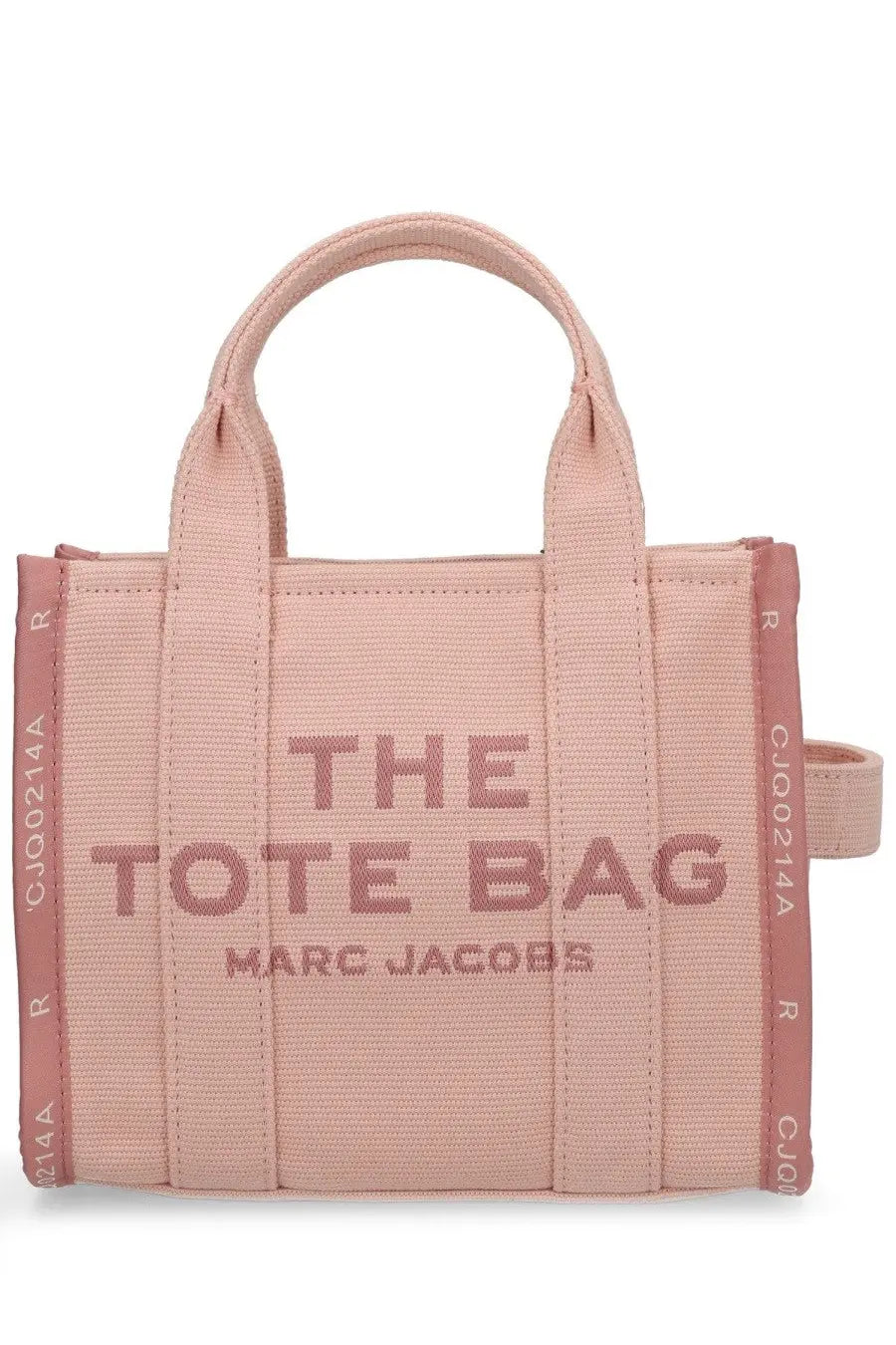 A blush pink canvas marc jacobs women’s tote bag small with bold embroidered lettering and reinforced side panels