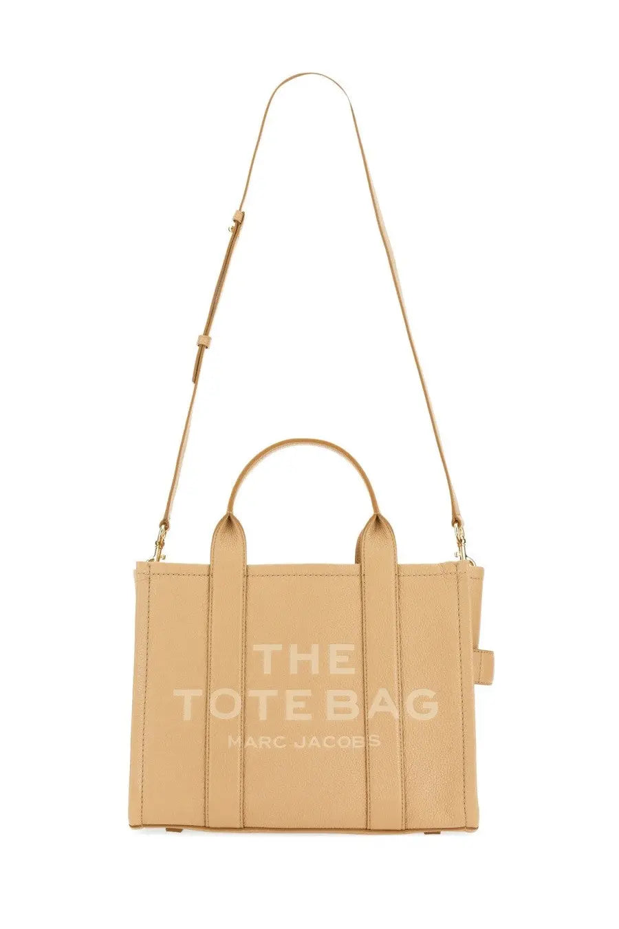 Beige leather marc jacobs women’s the tote medium bag with embossed the tote bag and marc jacobs on front