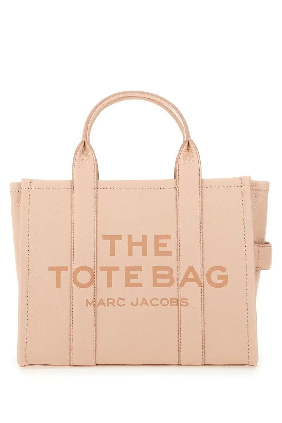 A blush pink leather tote bag embossed with the tote bag and marc jacobs in matching tone details