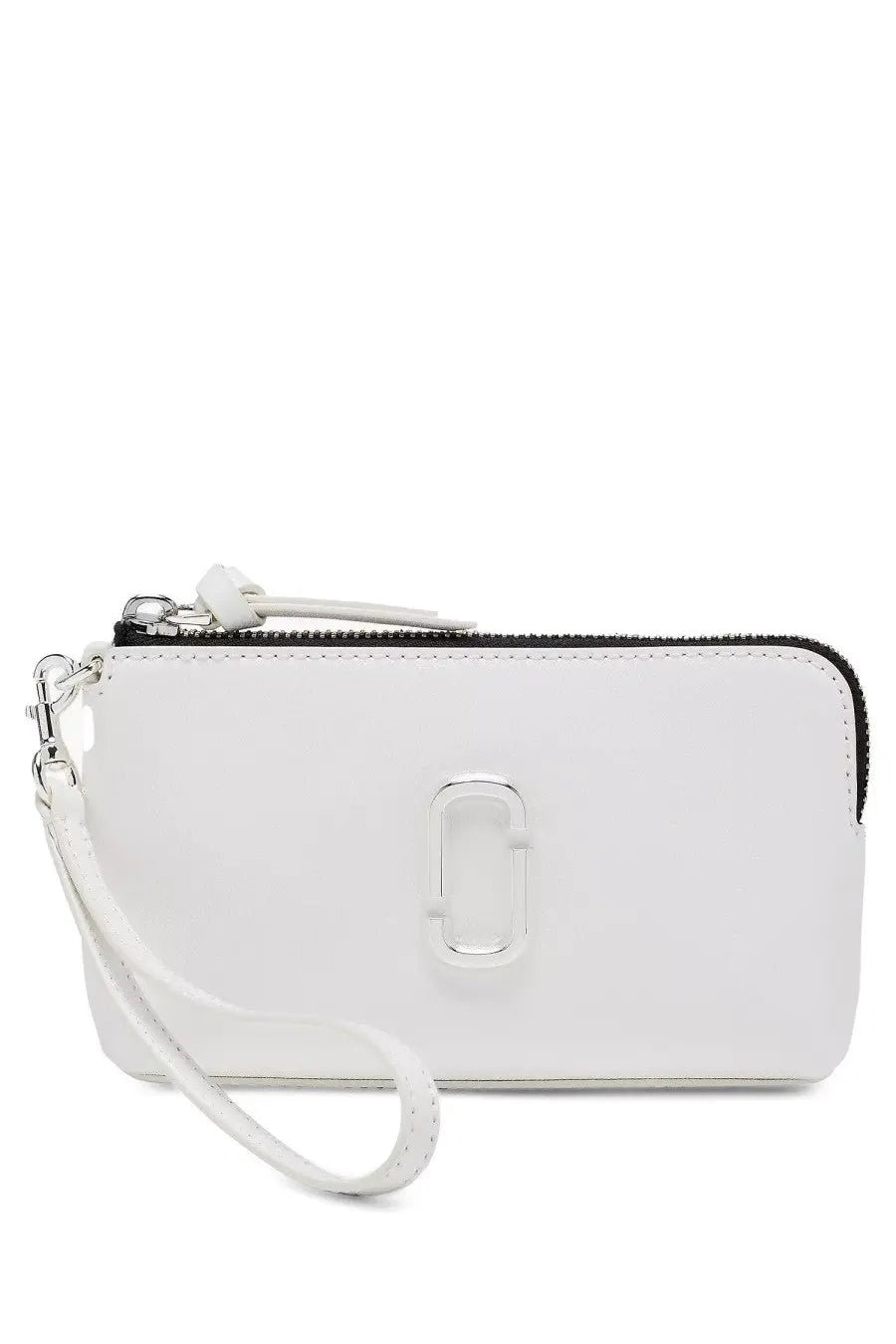 White leather marc jacobs women’s wrist clutch with silver-tone logo clasp and black zipper camera bag style