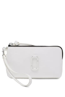 White leather marc jacobs women’s wrist clutch with silver-tone logo clasp and black zipper camera bag style
