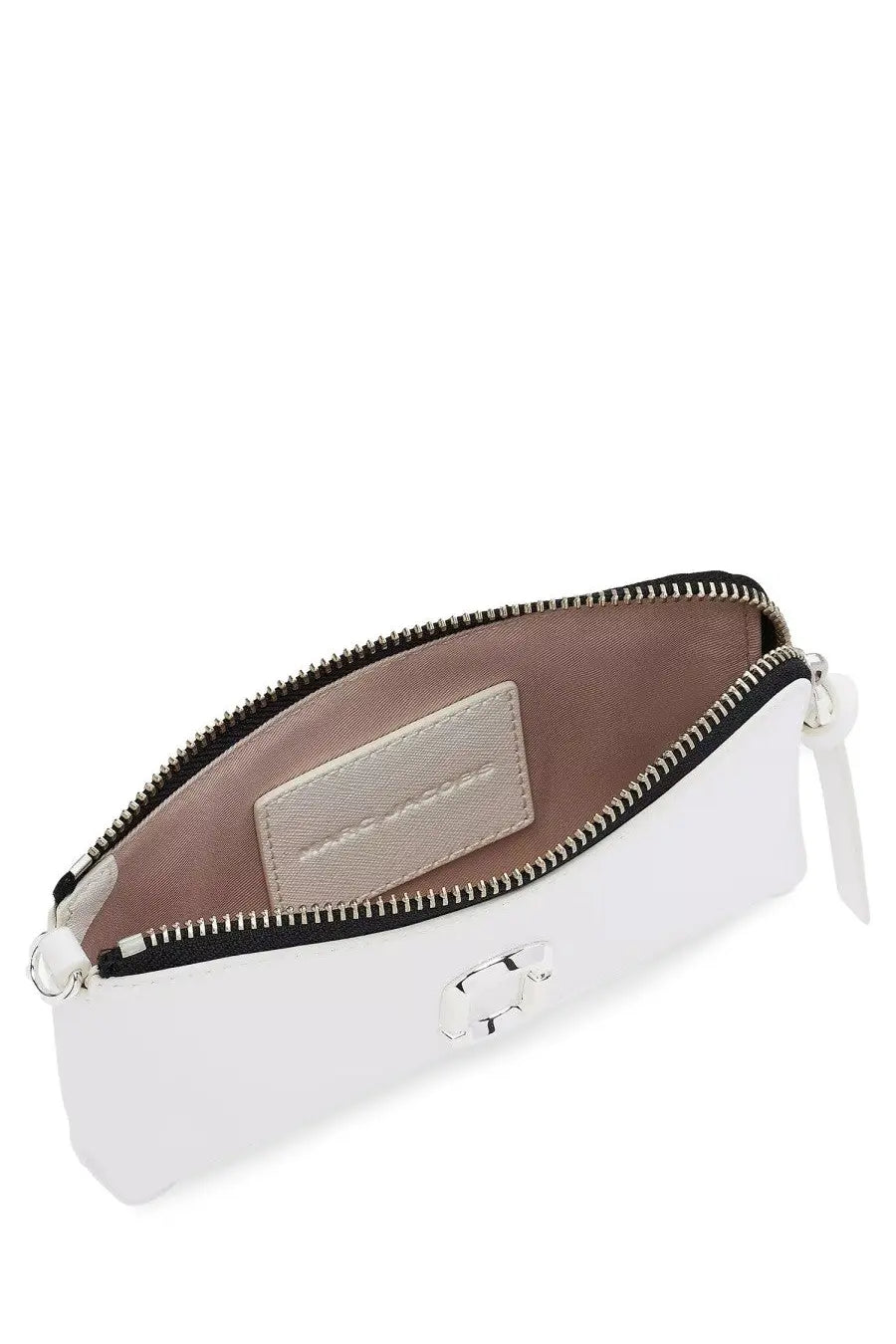 Marc Jacobs women’s white leather wrist clutch with silver-tone hardware and black zipper for stylish carrying