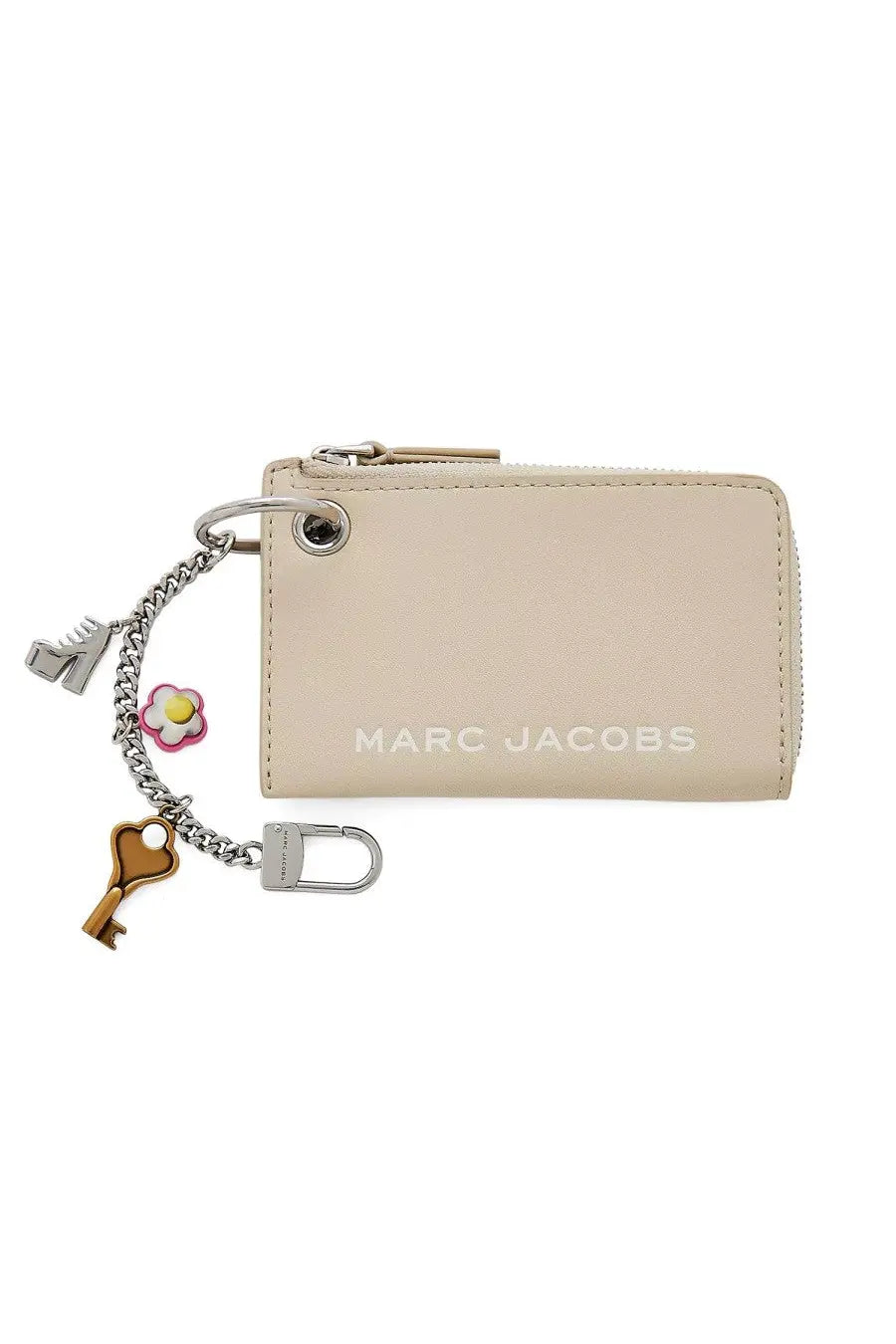Beige marc jacobs women’s zippered wallet with silver zipper stitched edges and charm-adorned keychain chain