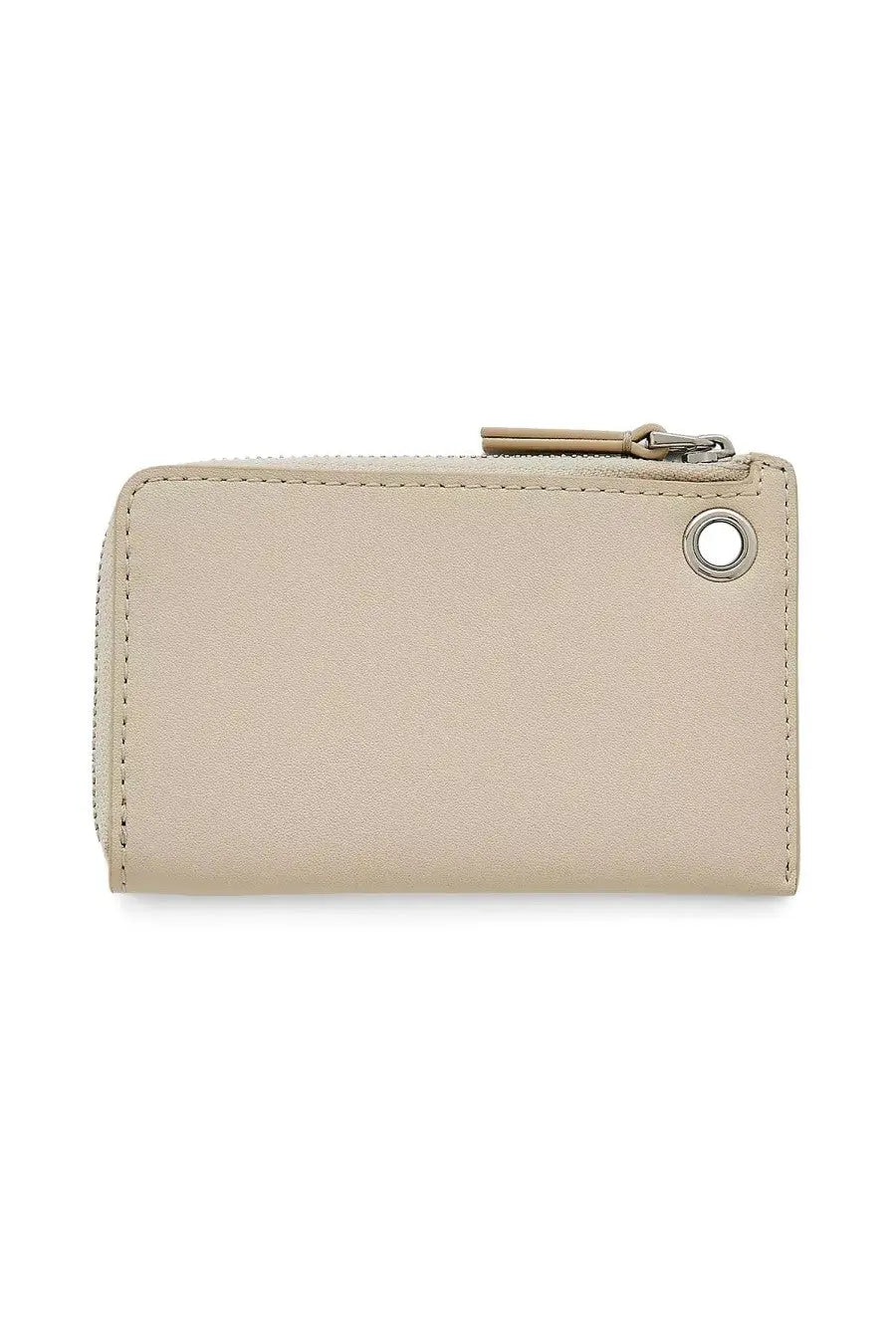 Marc Jacobs women’s zippered wallet in beige textured leather with silver-toned zipper pull and metal grommet