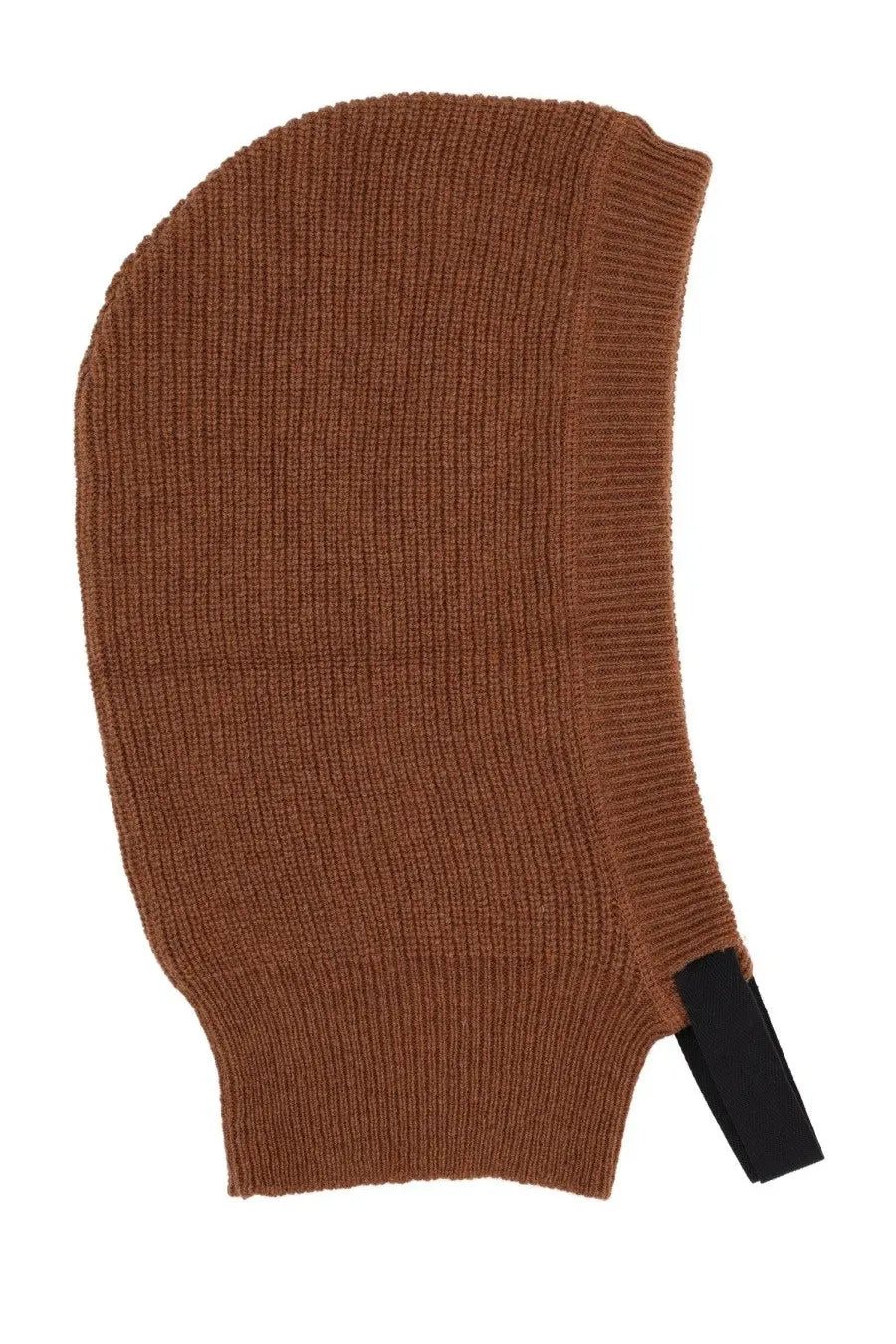 Brown ribbed knit beanie with black elastic strap at the side from margaret howell women’s knitted hood brown collection