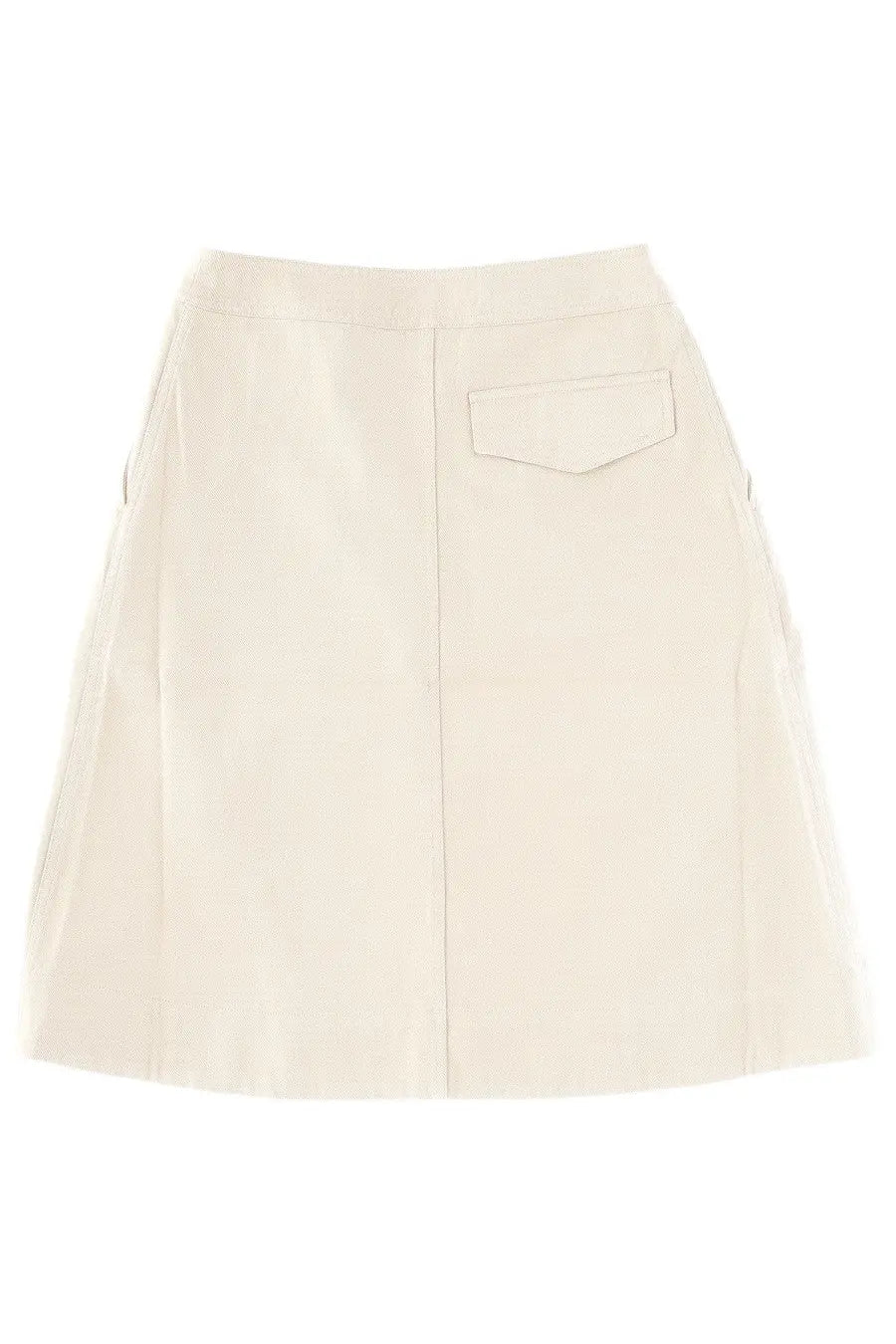 Margaret Howell women’s midi skirt in cream with pleats and a single front pocket featuring a minimalist design