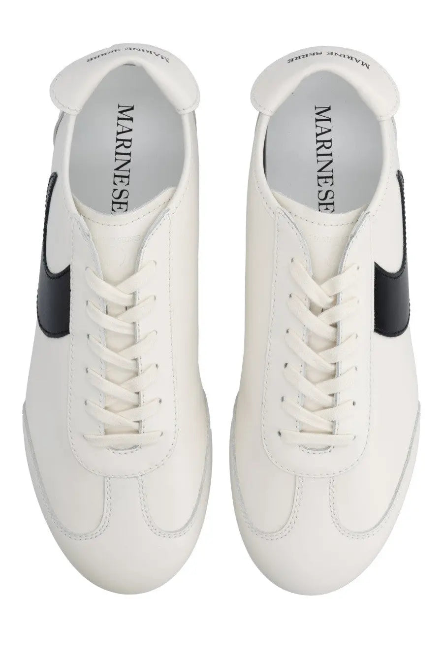 Marine serre men’s astra sneaker white leather with black side stripes and marine serre branding on the insole