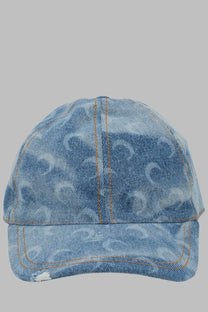 Marine serre men’s cappello da baseball moon in faded blue denim with subtle circular pattern and tan stitching