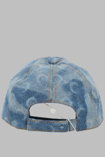 Marine Serre men’s denim blue baseball cap with light blue tie-dye pattern and tan stitching in denim material
