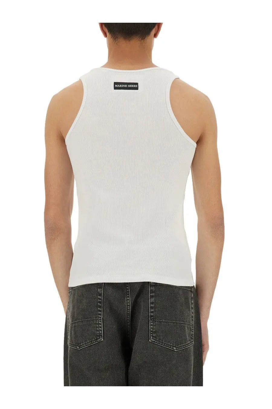 White ribbed marine serre men’s tank top showing black brand label at the back