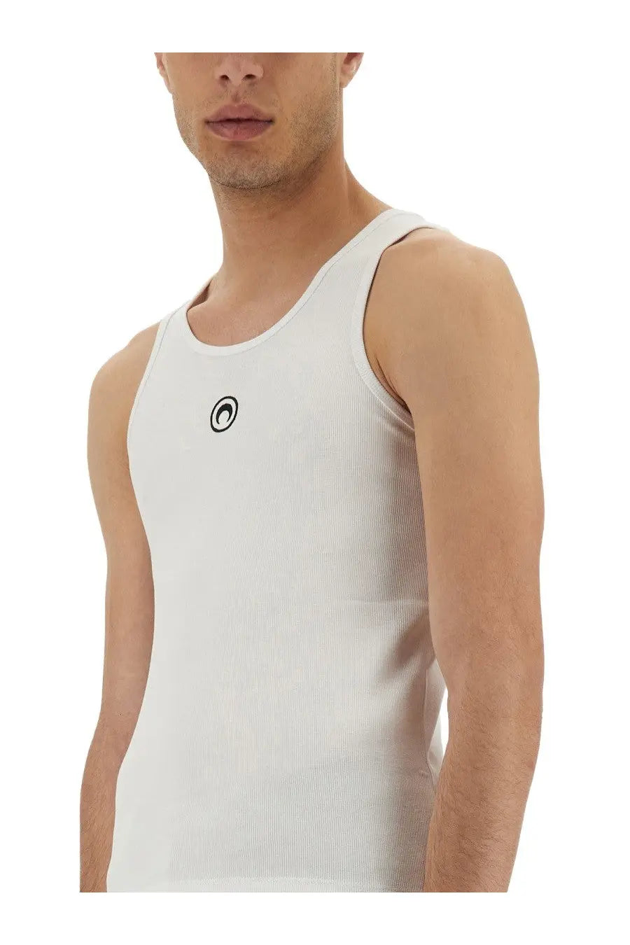 Marine serre men’s white ribbed tank top featuring a black circular logo on the chest in cotton material