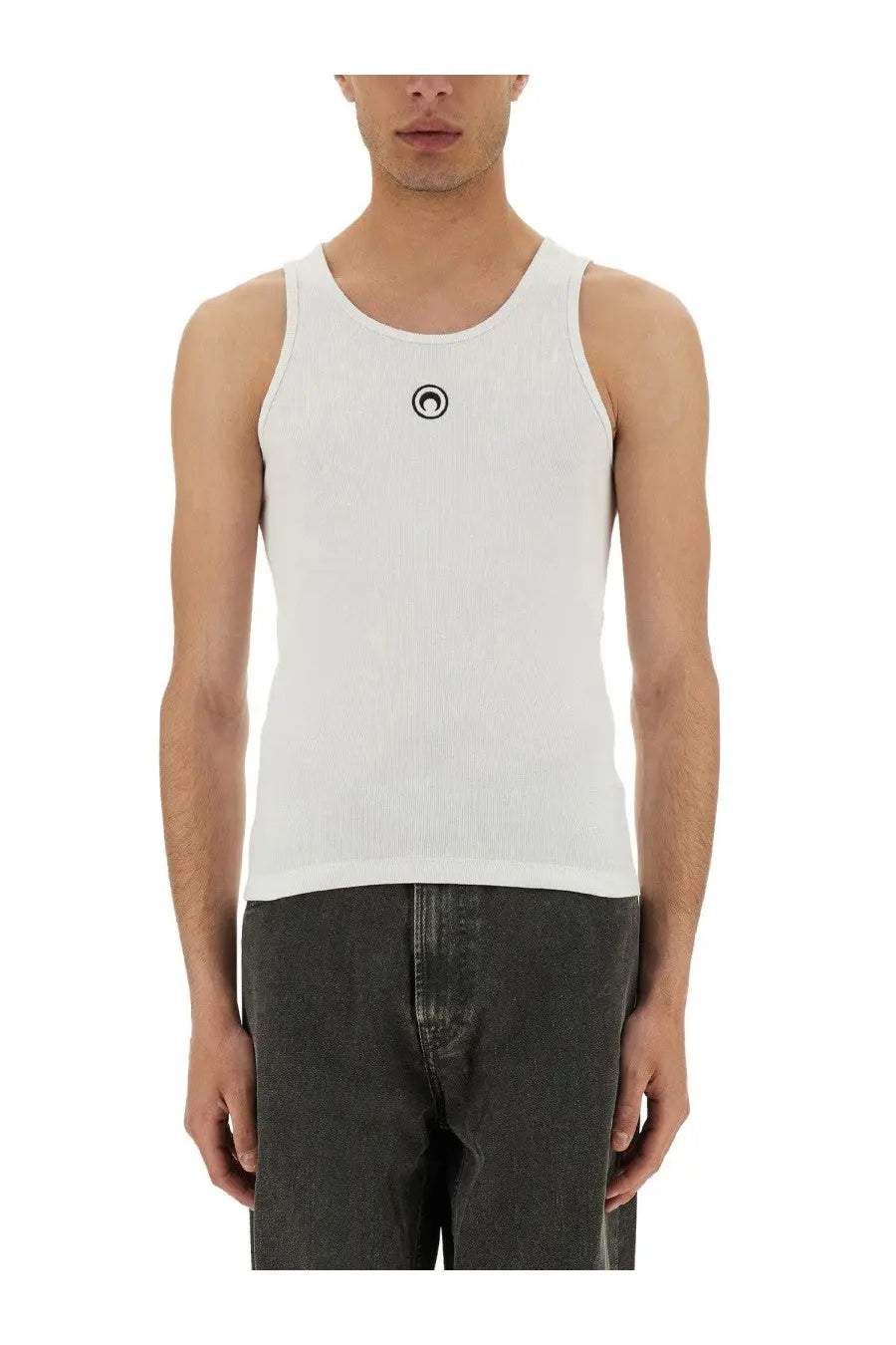 Marine Serre men’s white ribbed tank top with a small black circular logo on the chest in cotton material