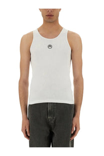 Marine Serre men’s white ribbed tank top with a small black circular logo on the chest in cotton material