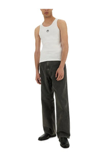 Marine serre men’s ribbed white sleeveless tank top with a small black circular logo on the chest
