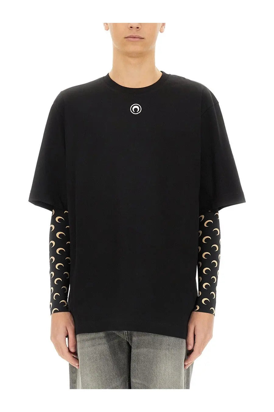 Black oversized Marine Serre men’s jersey t-shirt with white circular logo and gold crescent moon sleeve patterns