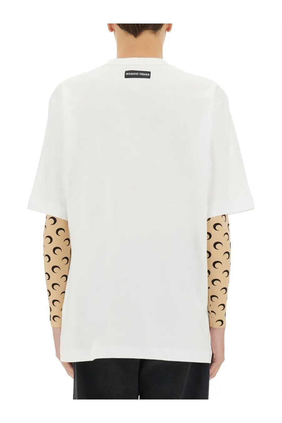 Marine serre men’s white oversized jersey t-shirt with beige crescent moon sleeve pattern and black label at neckline