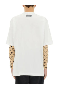 Marine serre men’s white oversized jersey t-shirt with beige crescent moon sleeve pattern and black label at neckline