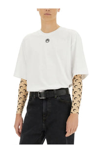 Marine serre men’s white oversized jersey t-shirt with small black logo and beige patterned arm sleeves underneath